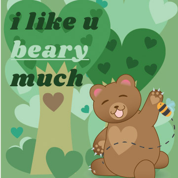 bear in front of heart shaped trees circled by a bee on a blue heart background
