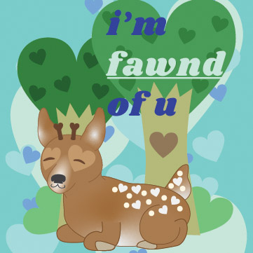 sitting fawn in front of heart-shaped trees on a blue heart background