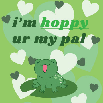 frog sitting on a lilypad on a green heart background